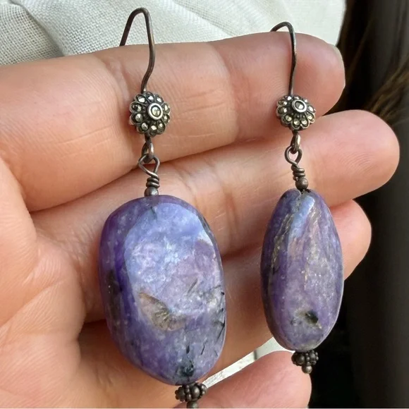 Handmade Chariote Purple Gemstone Sterling Silver Boho Dangle Earrings - Picture 14 of 17